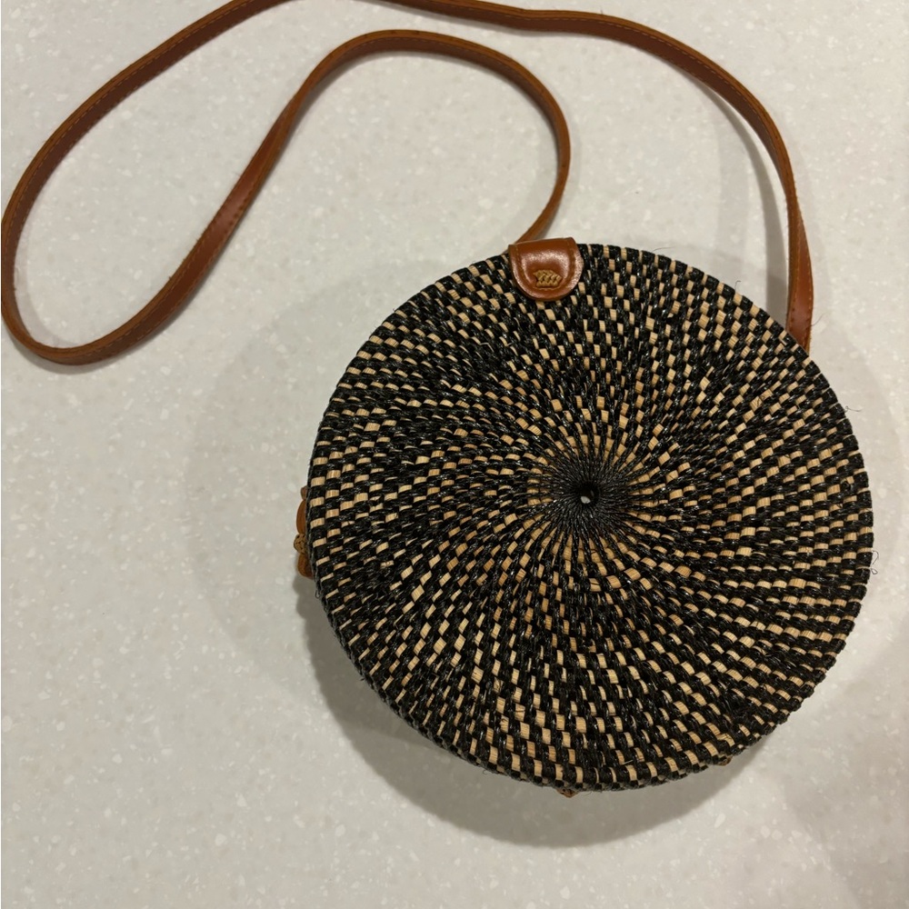 Black and Tan Round Woven Shoulder Bag